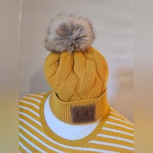 C.C Mustard Yellow Knit Pom Beanie with Fleece Lining | One Size